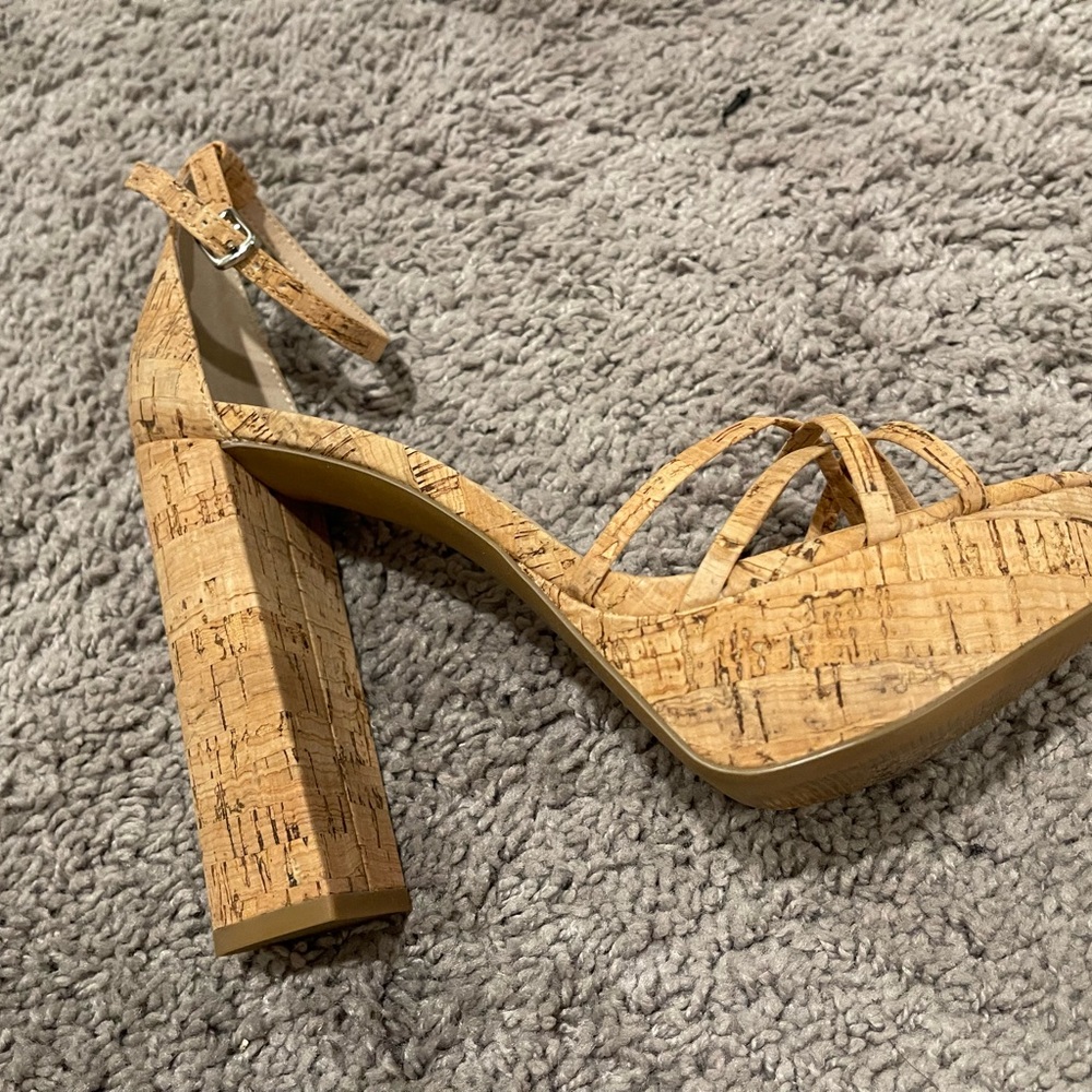 Aqua Tan Cork Strappy Heels - Picture 3 of 8